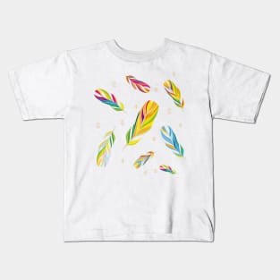 colorful feathers with gold outer lines and patterns Kids T-Shirt